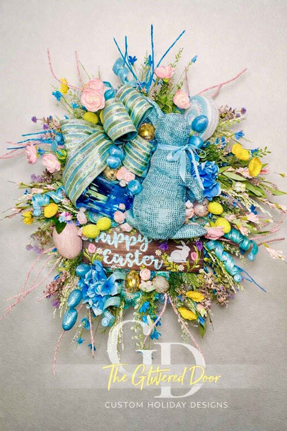 Luxury Easter Bunny Wreath, Blue Easter Door Wreath, Happy Easter Wreath with Bunny, Pastel Spring Wreath for Front Door, Large Designer Eas