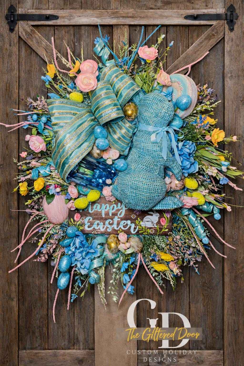 Luxury Easter Bunny Wreath, Blue Easter Door Wreath, Happy Easter Wreath with Bunny, Pastel Spring Wreath for Front Door, Large Designer Eas