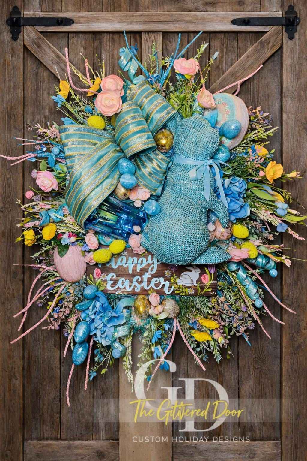 Luxury Easter Bunny Wreath, Blue Easter Door Wreath, Happy Easter Wreath with Bunny, Pastel Spring Wreath for Front Door, Large Designer Eas