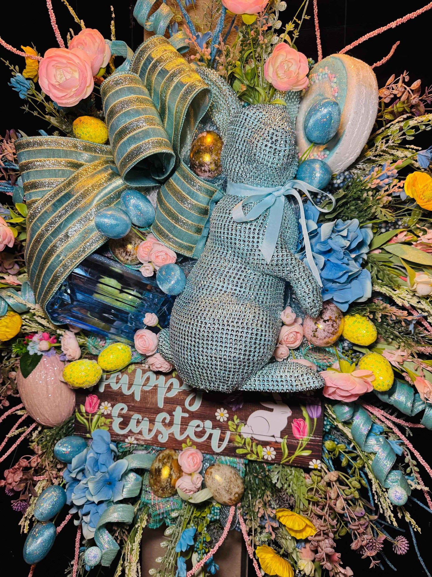 Luxury Easter Bunny Wreath, Blue Easter Door Wreath, Happy Easter Wreath with Bunny, Pastel Spring Wreath for Front Door, Large Designer Eas