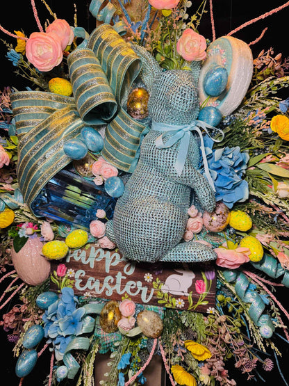 Luxury Easter Bunny Wreath, Blue Easter Door Wreath, Happy Easter Wreath with Bunny, Pastel Spring Wreath for Front Door, Large Designer Eas