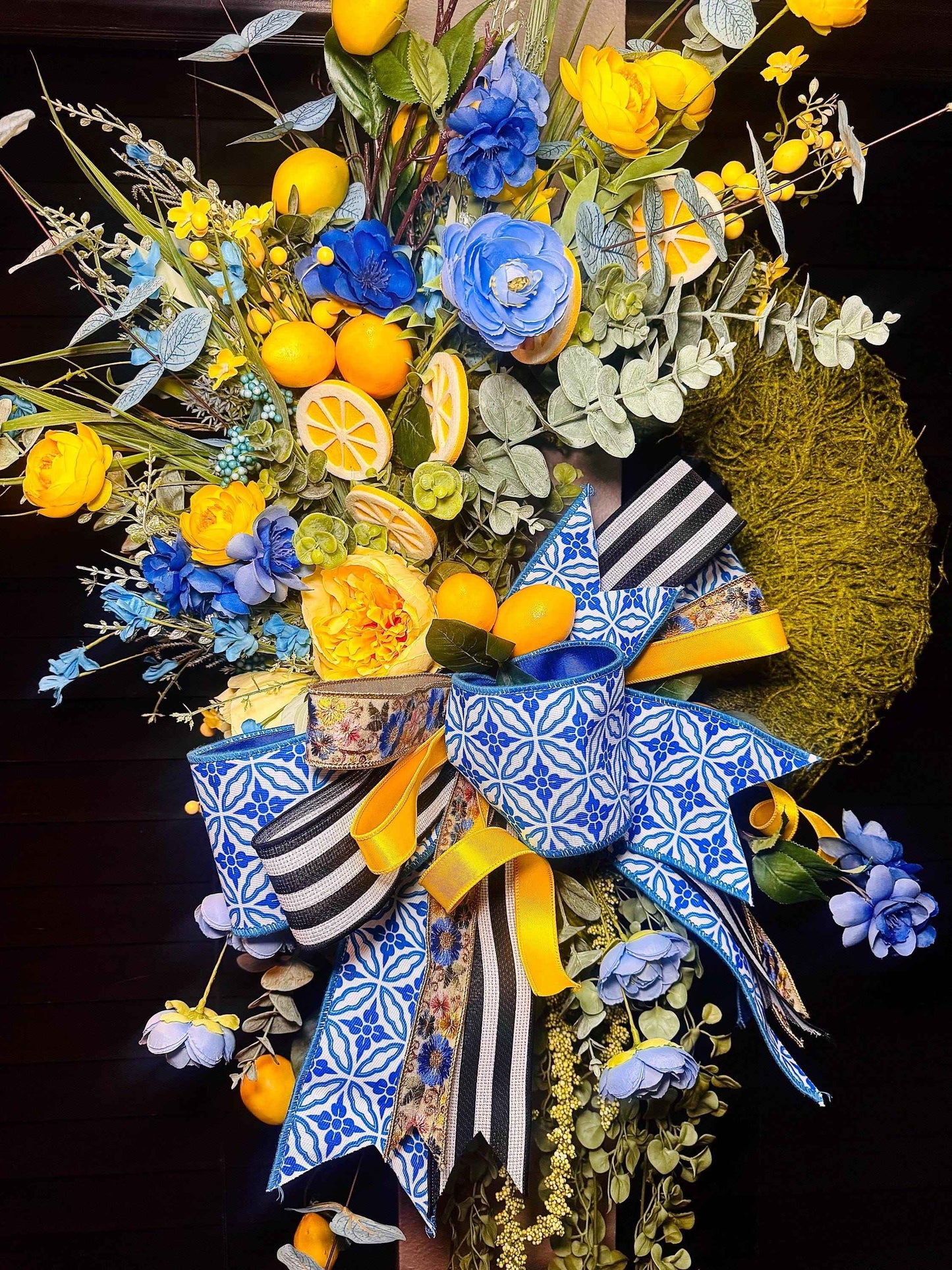 Blue & Yellow Lemon Spring Wreath, Moss Base Lemon Wreath for Front Door, Blue and White Bow Wreath, Summer Citrus Door Decor, Housewarming