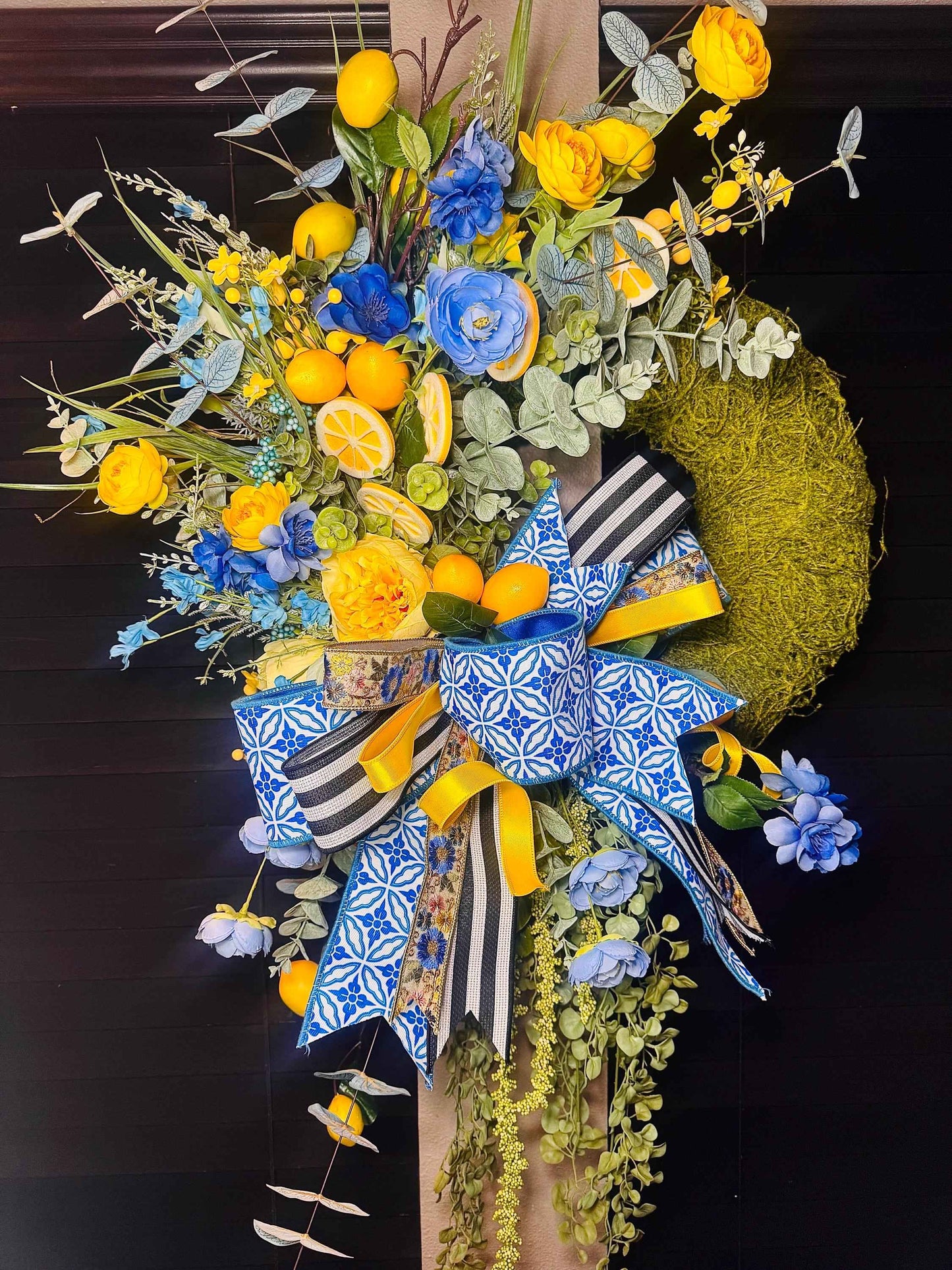 Blue & Yellow Lemon Spring Wreath, Moss Base Lemon Wreath for Front Door, Blue and White Bow Wreath, Summer Citrus Door Decor, Housewarming