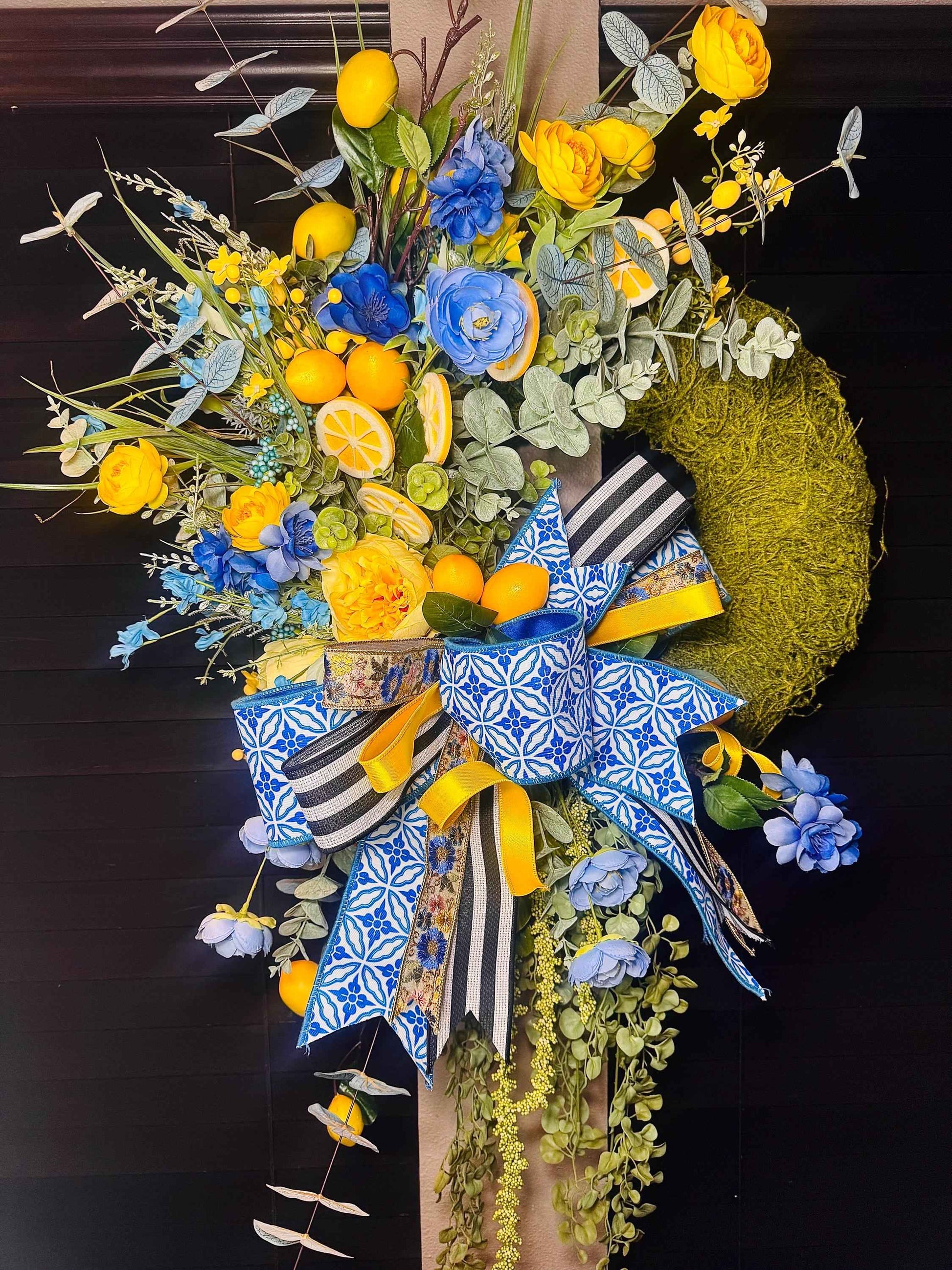 Blue & Yellow Lemon Spring Wreath, Moss Base Lemon Wreath for Front Door, Blue and White Bow Wreath, Summer Citrus Door Decor, Housewarming