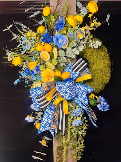 Blue & Yellow Lemon Spring Wreath, Moss Base Lemon Wreath for Front Door, Blue and White Bow Wreath, Summer Citrus Door Decor, Housewarming
