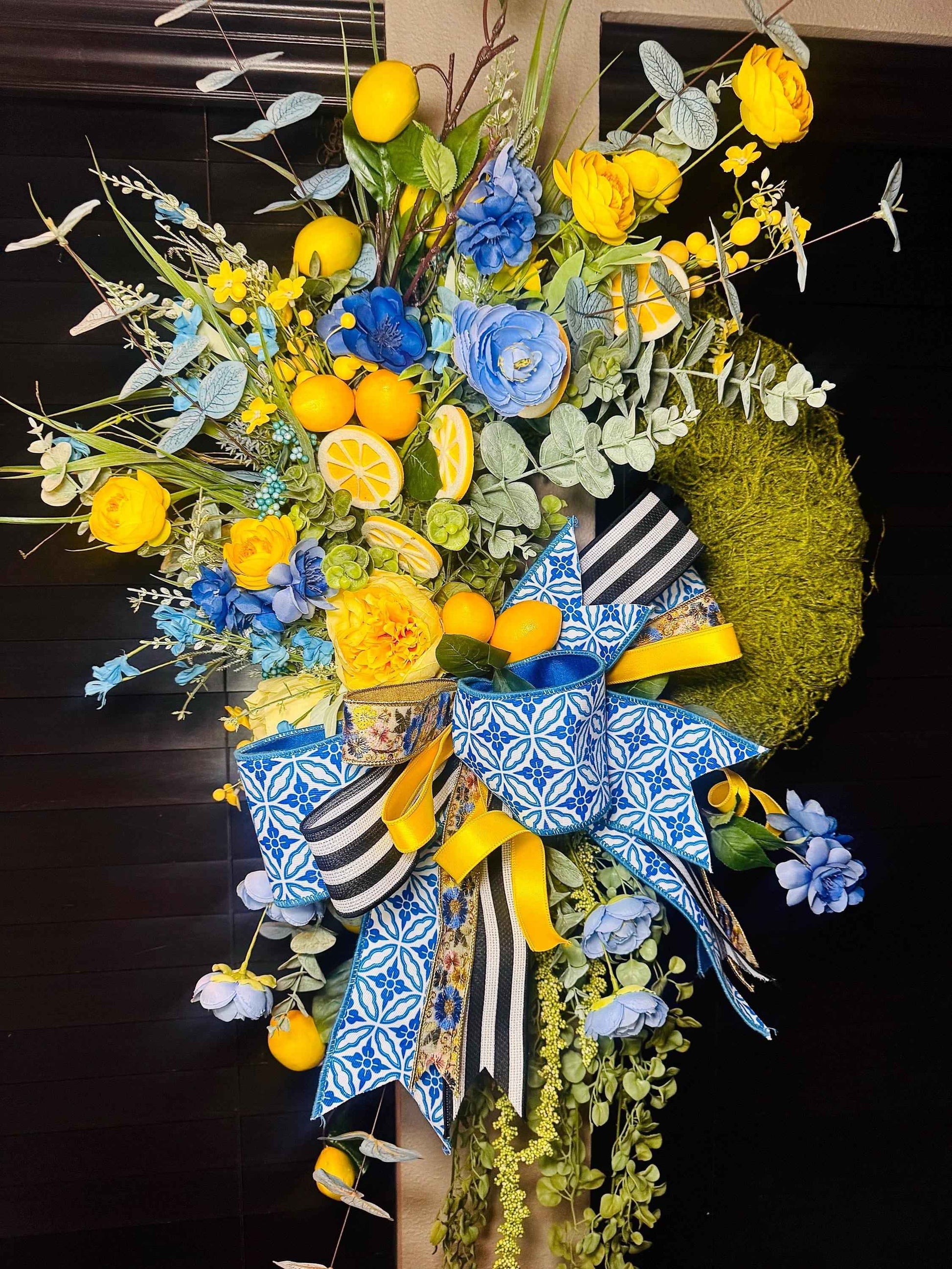 Blue & Yellow Lemon Spring Wreath, Moss Base Lemon Wreath for Front Door, Blue and White Bow Wreath, Summer Citrus Door Decor, Housewarming