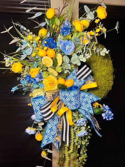 Blue & Yellow Lemon Spring Wreath, Moss Base Lemon Wreath for Front Door, Blue and White Bow Wreath, Summer Citrus Door Decor, Housewarming