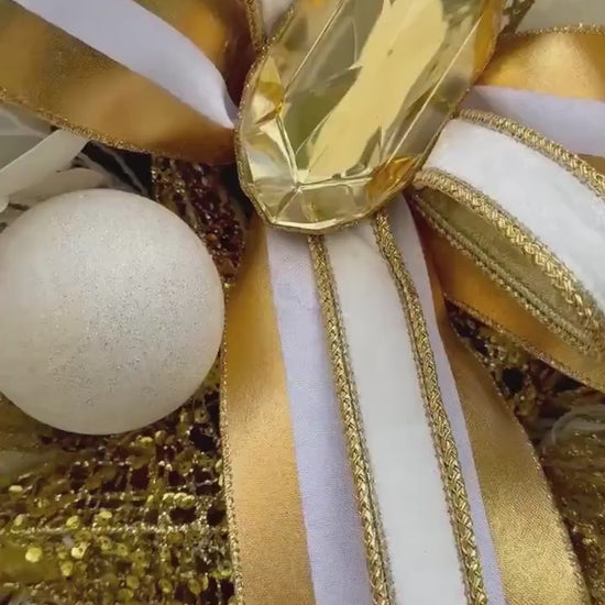 Front Door White and Gold elegant  glam xl swag wreath Jewel Ornament wreath Designer Ribbon  Holiday decor Christmas decor Made to Order