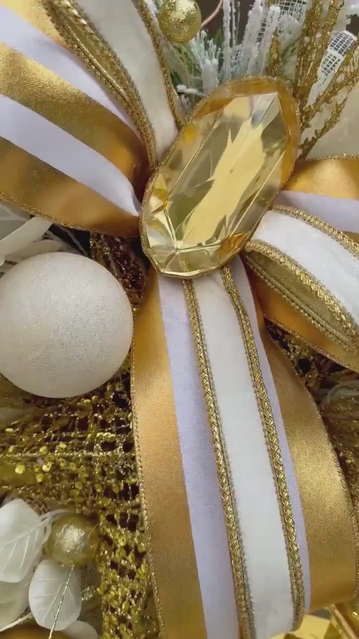 Front Door White and Gold elegant  glam xl swag wreath Jewel Ornament wreath Designer Ribbon  Holiday decor Christmas decor Made to Order