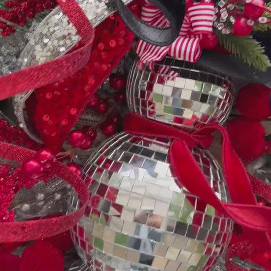 Red Silver Black Disco Ball Snowman swag wreath Christmas door wreath Christmas door decor Classic Holiday wreath Disco ball wreath