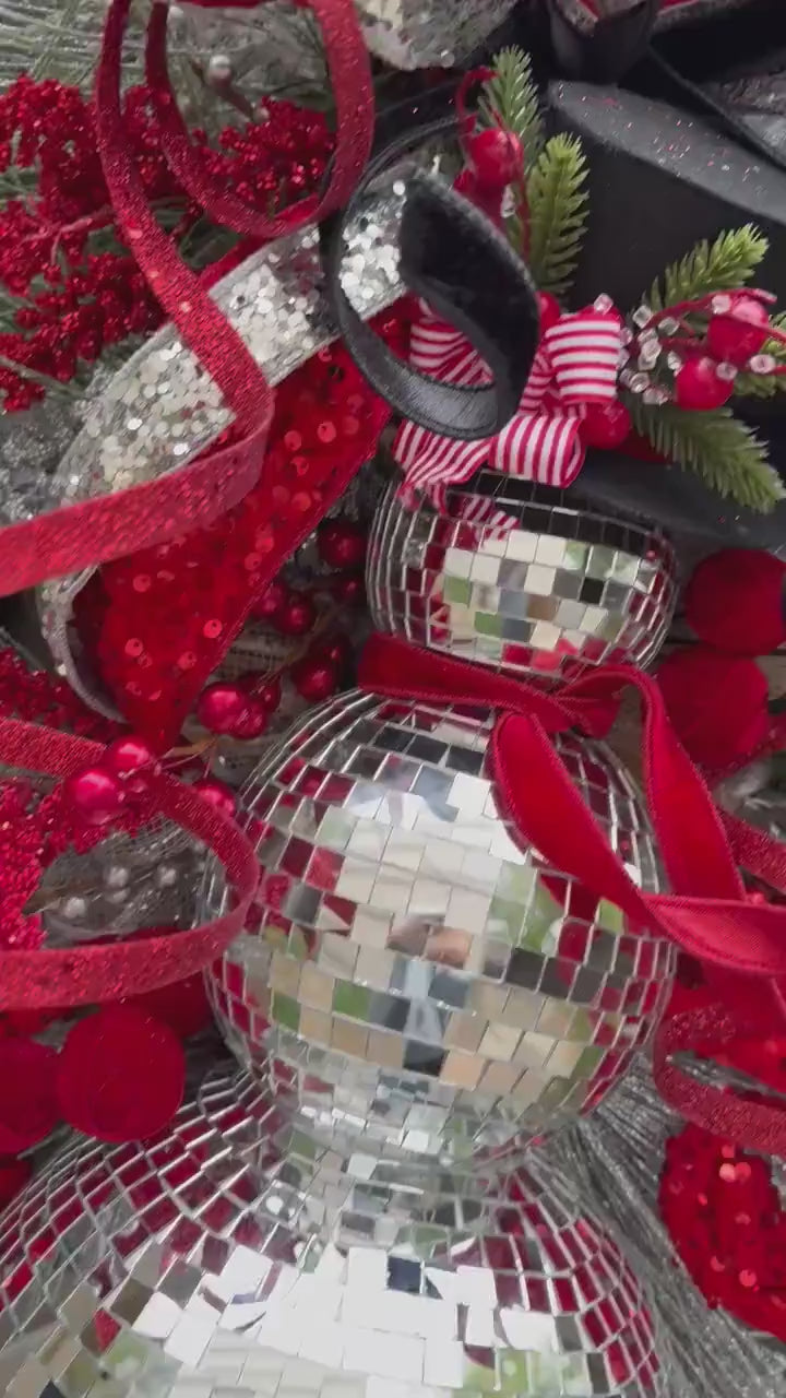 Red Silver Black Disco Ball Snowman swag wreath Christmas door wreath Christmas door decor Classic Holiday wreath Disco ball wreath