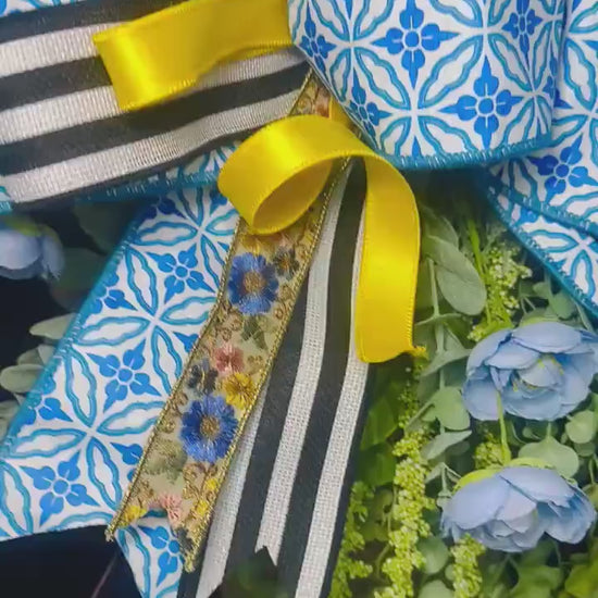 Blue & Yellow Lemon Spring Wreath, Moss Base Lemon Wreath for Front Door, Blue and White Bow Wreath, Summer Citrus Door Decor, Housewarming