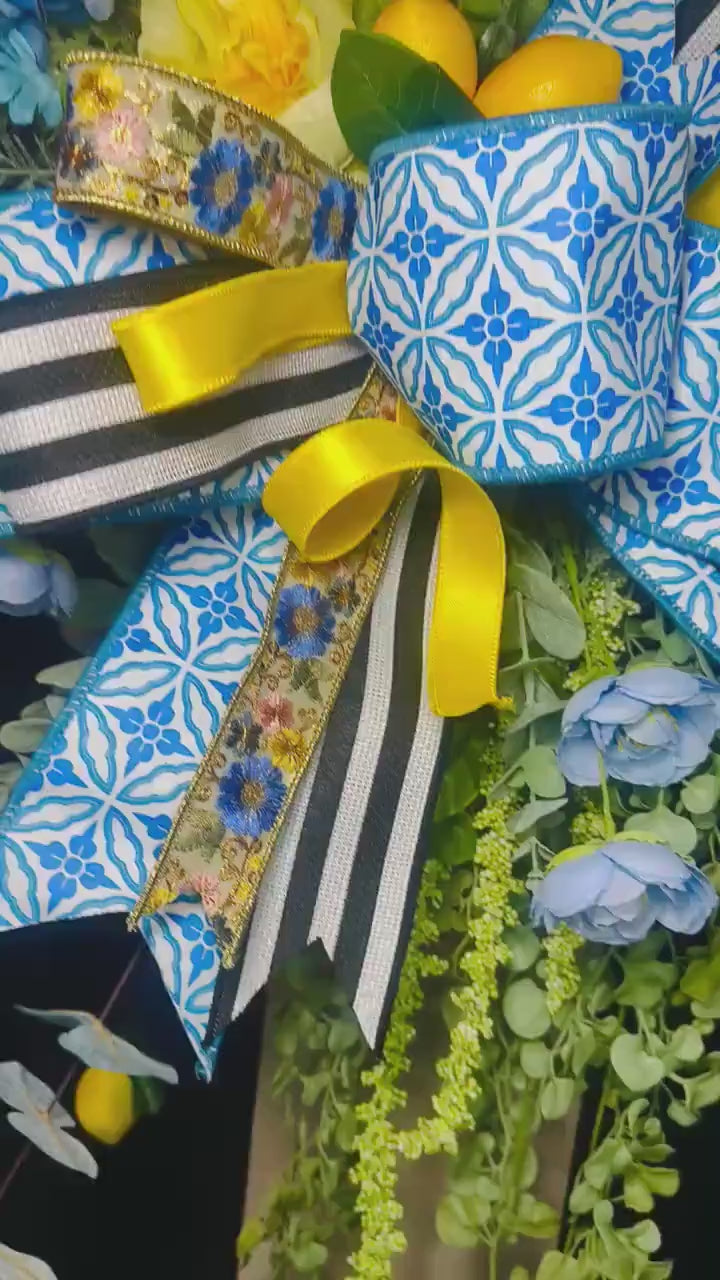 Blue & Yellow Lemon Spring Wreath, Moss Base Lemon Wreath for Front Door, Blue and White Bow Wreath, Summer Citrus Door Decor, Housewarming