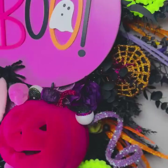 Halloween swag Wreath pink pumpkin wreath Fall Front door Decor Halloween Decor front door wreath for fall Trick or Treat boo sign wreath