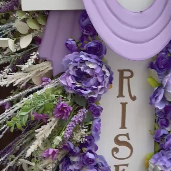Lavender cross wreath for front door,  He is Risen luxury Wreath Spring Elegant Religous wreath for front door Spring wreath Easter Decor