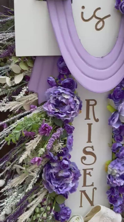 Lavender cross wreath for front door,  He is Risen luxury Wreath Spring Elegant Religous wreath for front door Spring wreath Easter Decor