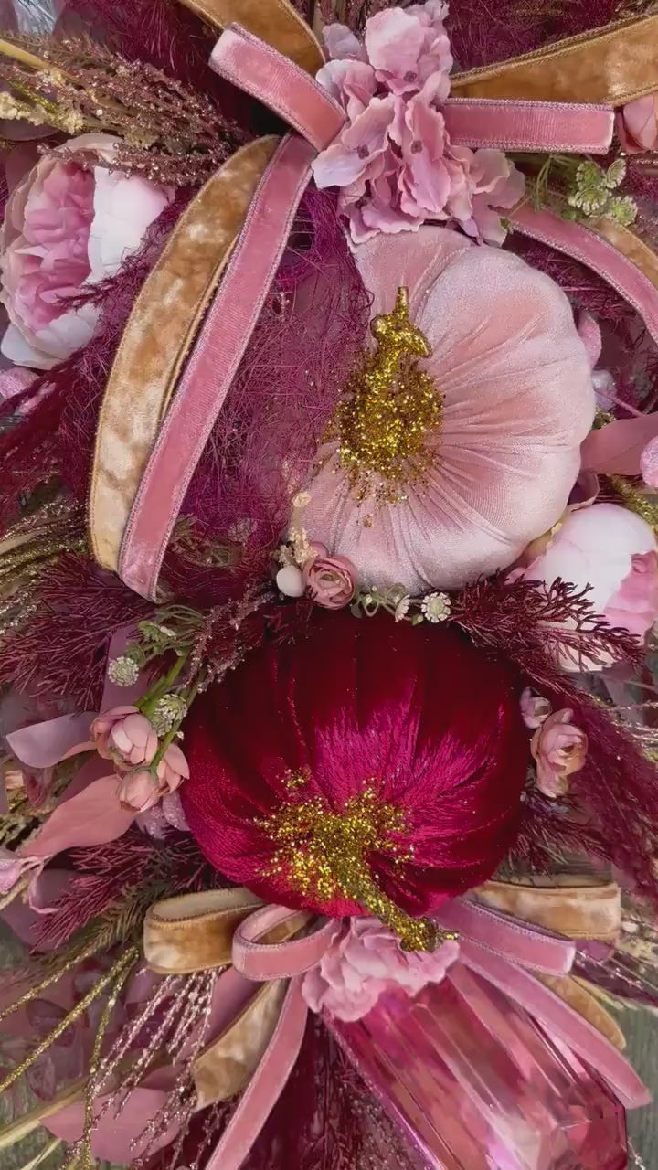 Front Door Pink Fall Wreath Pumpkin and Jewel Wreath Pink Fall Front door Decor Thanksgiving wreath Glam Elegant Pink and Burgandy wreath