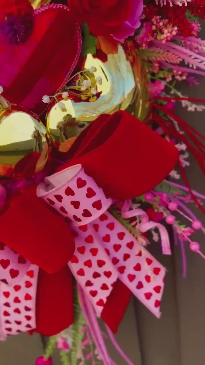 Valentines Day Pink and Red swag wreath Glam wreath Holiday decor Heart wreath for winter Valentines decor Elegant wreath