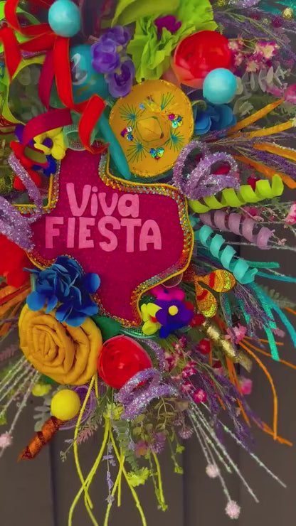 Viva Fiesta Designer Wreath: 32" Cinco de Mayo Front Door Decor spring wreath for front door, whimsical Mexican party porch decor