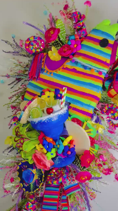 Viva Fiesta Designer Oversized Wreath: 36" Cinco de Mayo Front Door Decor spring wreath for front door, whimsical Mexican party porch decor