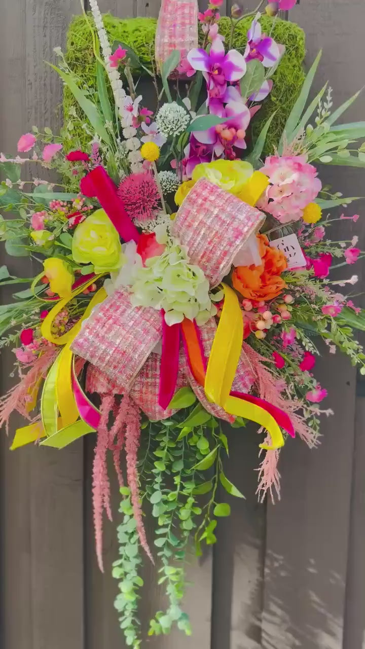 Spring Floral Door Swag | Moss Rectangle Door Hanger Wreath | Colorful Spring Front Door Decor | Easter Spring Wreath | Garden Style Floral