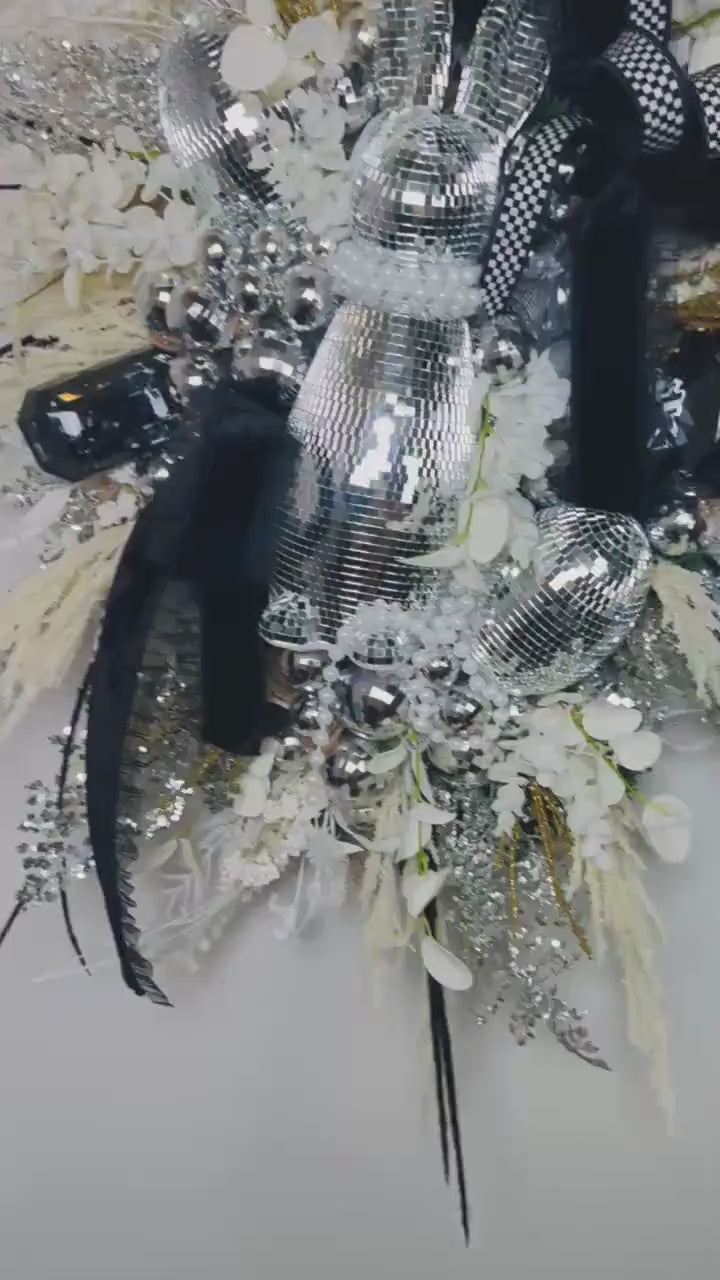 Easter Disco Bunny Wreath: Glam Black, White & Silver Door Decor