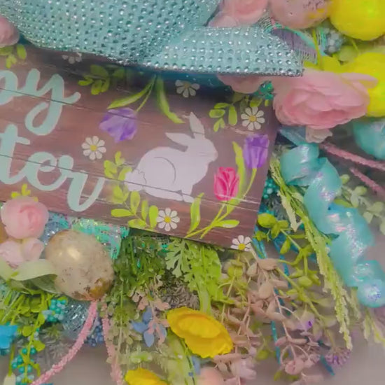 Luxury Easter Bunny Wreath, Blue Easter Door Wreath, Happy Easter Wreath with Bunny, Pastel Spring Wreath for Front Door, Large Designer Eas