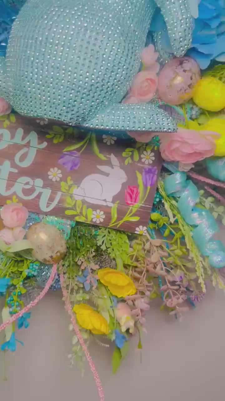 Luxury Easter Bunny Wreath, Blue Easter Door Wreath, Happy Easter Wreath with Bunny, Pastel Spring Wreath for Front Door, Large Designer Eas