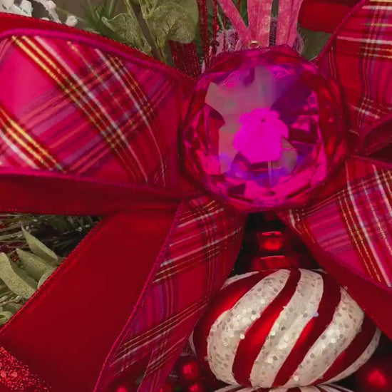 Pink & Red Christmas xl swag wreath Jumbo finial ornament Candy stripe Design Jewel Ornaments wreath Christmas door decor Made to Order