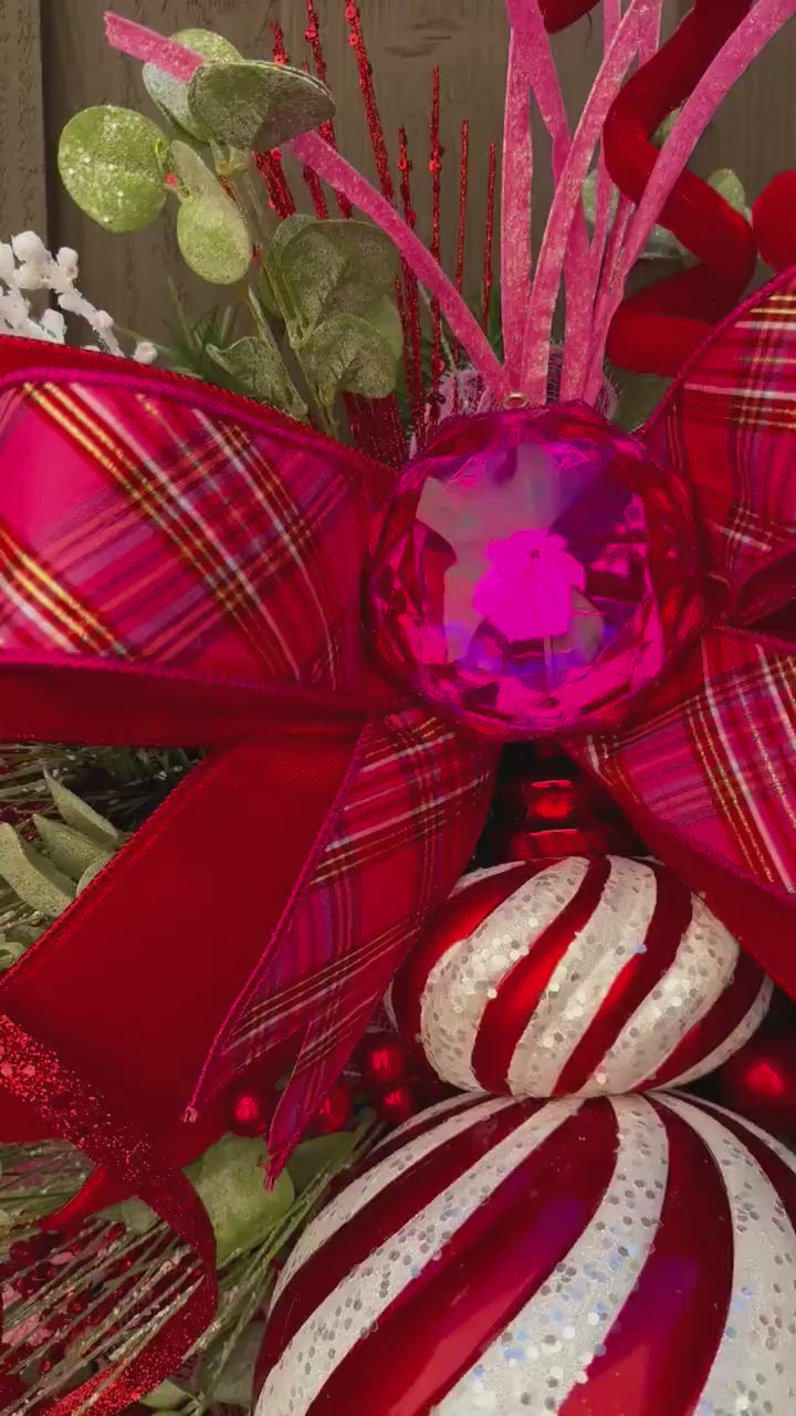 Pink & Red Christmas xl swag wreath Jumbo finial ornament Candy stripe Design Jewel Ornaments wreath Christmas door decor Made to Order