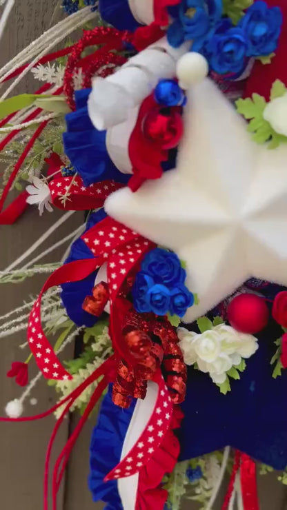Patriotic Summer Wreath Memorial Day Patriotic Decor. Red white and blue stars door decor large wreath 4th of July wreath summer wreath